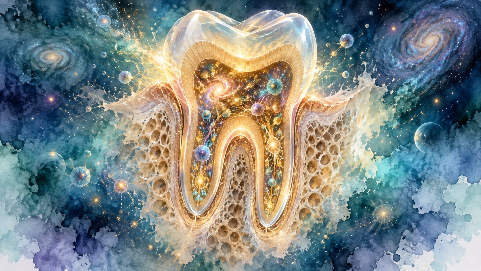 歯の断面と宇宙が重なる幻想的なイラスト